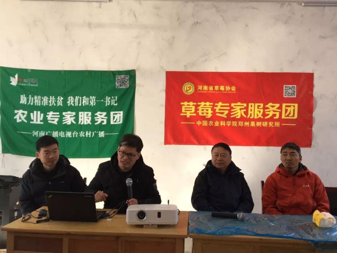 草莓專家團(tuán)周厚成（左二）、李亮杰（左一）、杜小亮（右一）與農(nóng)戶互動(dòng)