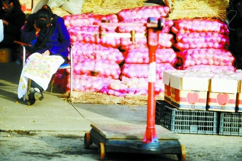 水果批發(fā)市場內(nèi)，沒有客戶時，商戶在繡十字繡