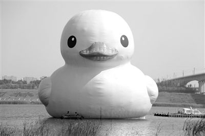 昨日，經(jīng)過(guò)連夜修正，大黃鴨的嘴部已恢復(fù)變寬，和在香港展出時(shí)看起來(lái)一樣。