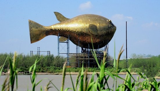 昨天，揚(yáng)中市西沙島，正在施工的河豚塔金光閃閃