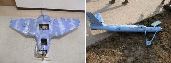 左圖為3月24日在韓國首爾北部墜毀的無人機，右圖為3月31日在韓國西部海域白翎島墜毀的無人機