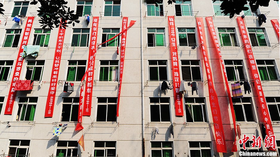 圖為男生宿舍掛起的二十多條橫幅。