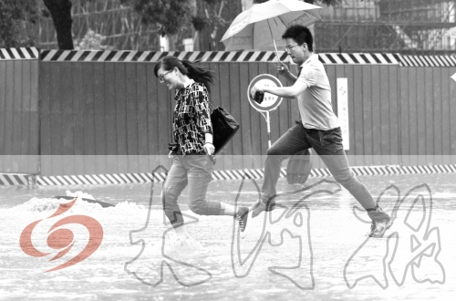 鄭州經(jīng)三路與北環(huán)交叉口處，積水較深，行人們不得不“練輕功”。 記者 白周峰 攝影