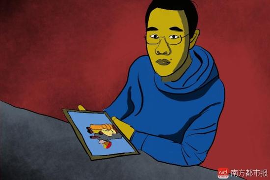 王煥凱看著一家人幸福的合照，黯然神傷，悔不當初。（畫作者：吳斌）