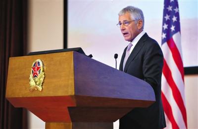 昨日下午，美國國防部長哈格爾在中國國防大學發(fā)表演講。