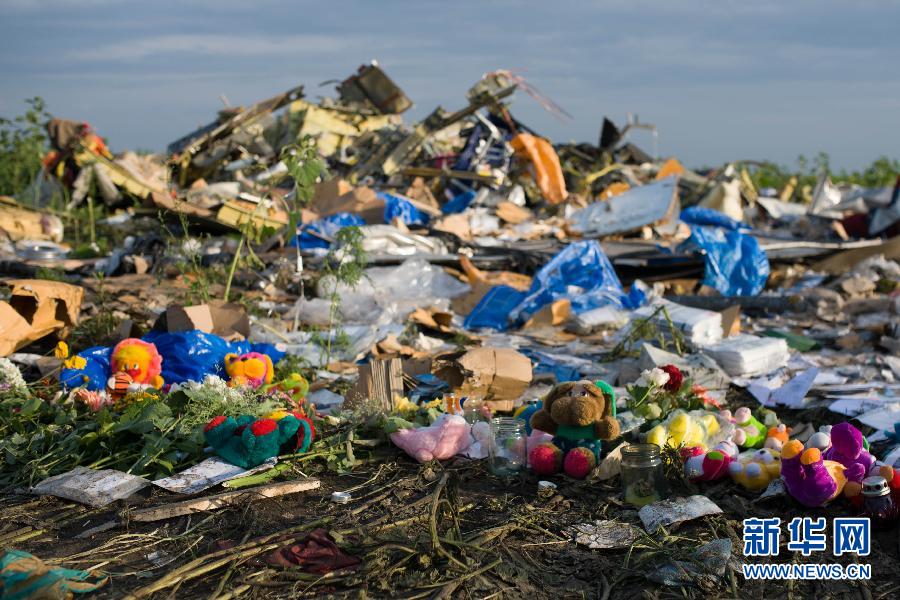 7月19日,在烏克蘭頓涅茨克州拉瑟普諾耶村附近,人們將玩具擺放在馬航MH17航班墜機(jī)現(xiàn)場(chǎng)。