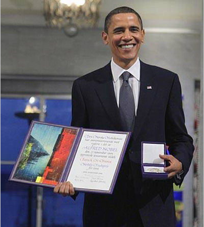 美國總統(tǒng)奧巴馬于2009年獲諾貝爾和平獎(jiǎng)（資料圖）