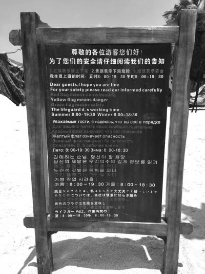 大東海海灘上用多國(guó)語(yǔ)言設(shè)立的安全告示。